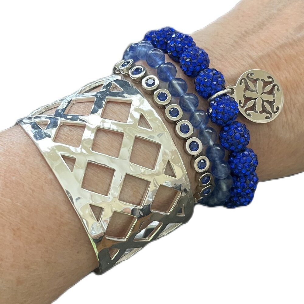 Royal Blue & Silver Rustic Cuff Set of Four Bracelets Lattice Shambala Links